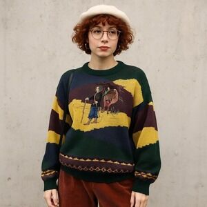 Vintage 80s Pagliano‎ Sweater XL Bold Stripes Horse Rider Scene Taiwan ROC